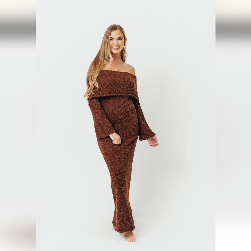 Worth Collective Off-Shoulder Brown Knit Dress